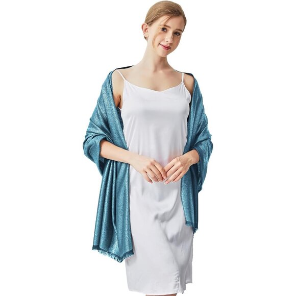 Pashmina Shawl Wraps Scarf Formal - Hollyhock Blue & Gold - Picture 4 of 6